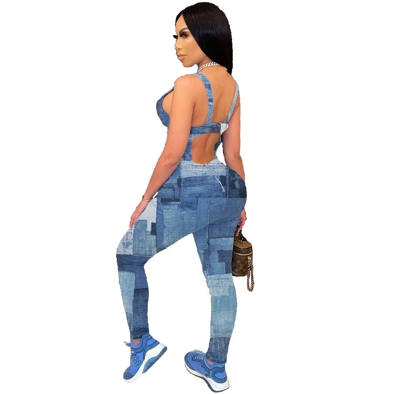 Spring Summer New Fashion Suspenders Imitation Denim Print Jumpsuits Women 2021 Patchwork Collage Casual High Waist Slim Rompers
