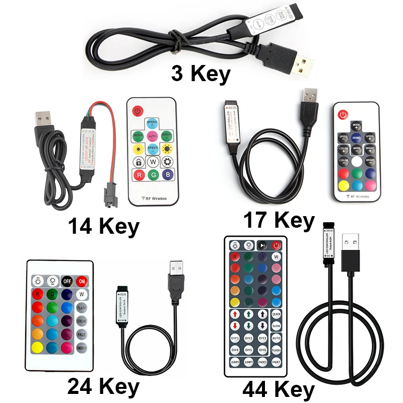 

Контроллер для светодиодной ленты RGBW, USB, 5 В, мини-контроллер RGB, 3, 14, 17, 24, 44 клавиши, пульт дистанционного управления, диммер для подсветки тел...