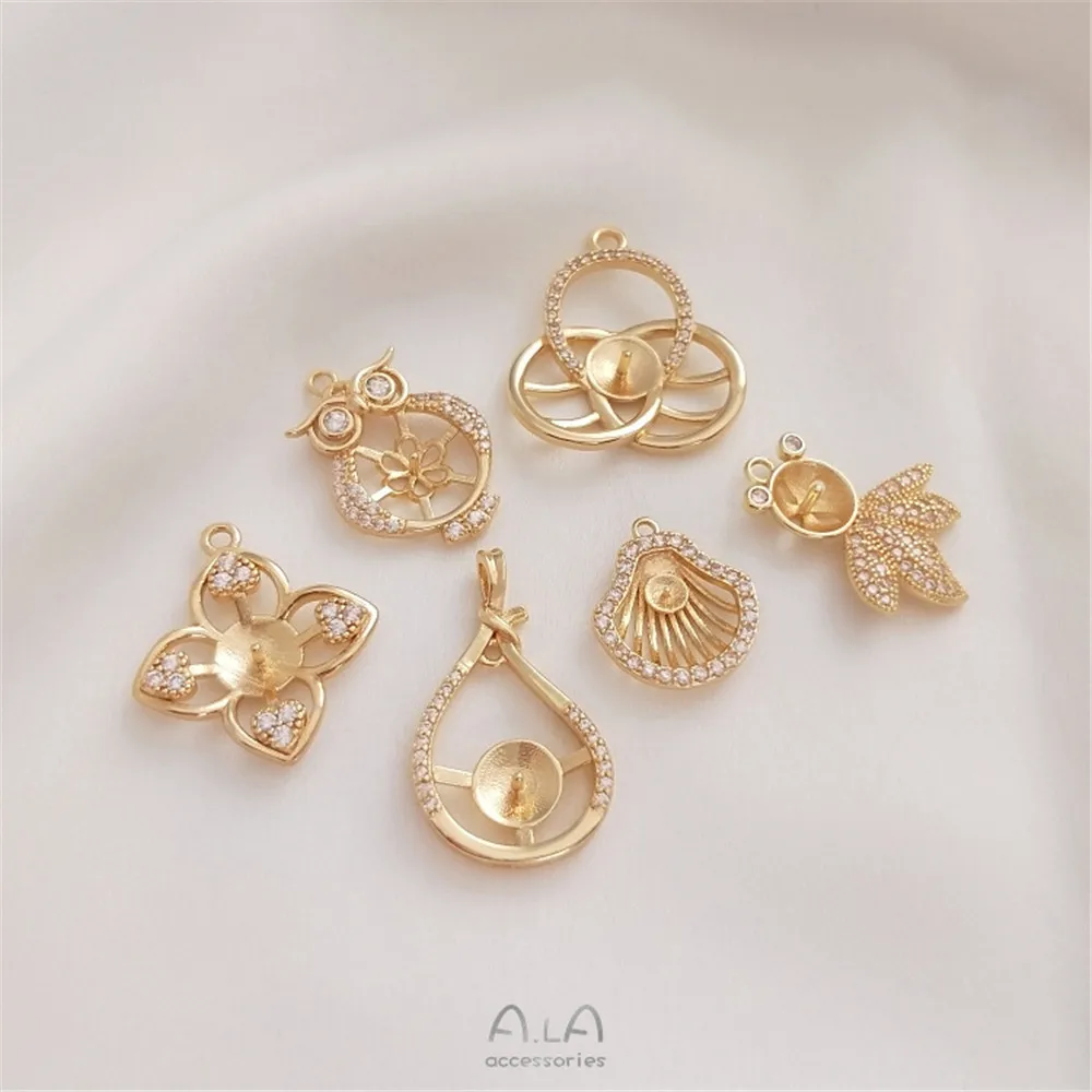 

14K Gold Filled Plated DIY pearl accessories empty support zircon pendant half hole beads inlaid bottom support necklace choker