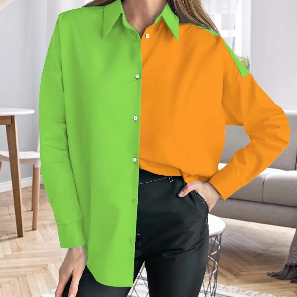 

Fashion Shirt for Women Turn-Down Collar Long Sleeve Single Breasted Lady Spring Autumn Patchwork Color Casual Female Clothing