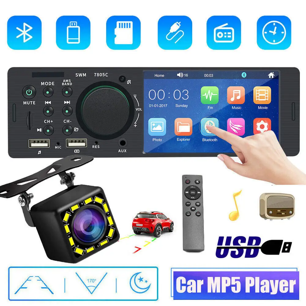 

Touch Screen Car Radio 1 Din Bluetooth Music Handsfree MP5 Player TF USB Charging Remote Audio System ISO 4.1” Head Unit 7805C