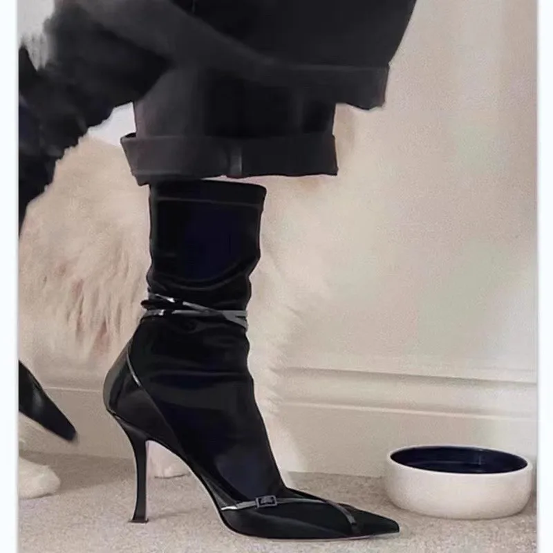 Black Pointed Toe Patchwork Boots Women's New Stretch Patent Leather Mid-Cut Stiletto High Heel Booties