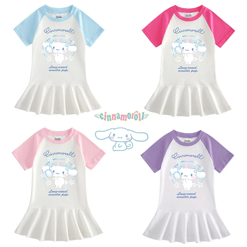 

Милые детские летние платья Hellokitty в стиле аниме, милая плиссированная юбка, мультяшная ткань с коротким рукавом