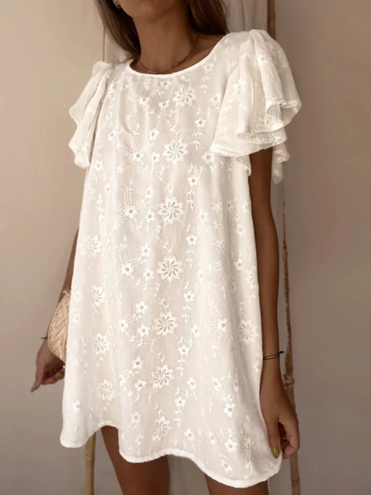 

Vintage Lace Embroidery Flying Sleeve Loose Women Dress Elegant O-neck Boho Beach Casual Dress Spring Party Vestidos Solid Dress