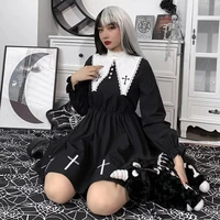 gothic lolita dress fashion harajuku women new puff long sleeve black a line dresses retro cross print aesthetic cute streetwear