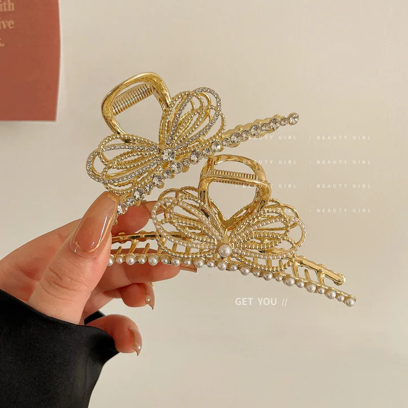 

Diamond Encrusted Pearl Bow Metal Hairpin Ins Style Simple And Versatile Large Hairpin, Fashionable Retro Hair Accessories