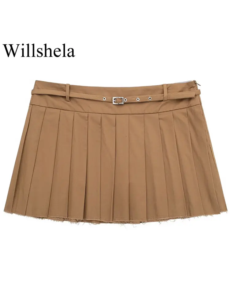 

Willshela Women Fashion With Belt Brown Pleated Mini Skirt Vintage High Waist Female Chic Lady Skirts Mujer Outfits