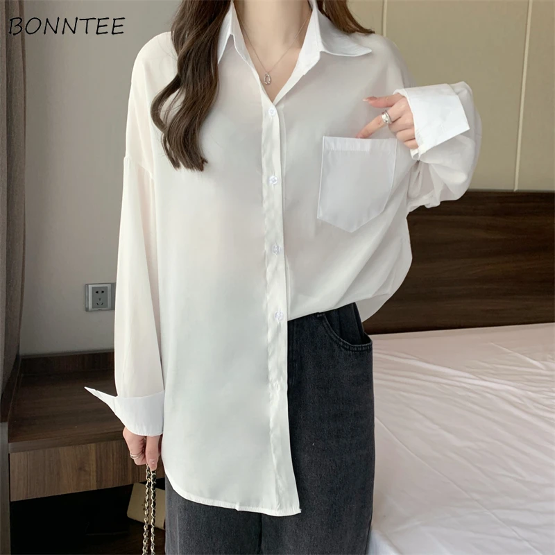 

Shirts Women Solid Simple Pockets Ulzzang Female All-match Comfortable Spring Clothes New Design Streetwear Daily Leisure Chic
