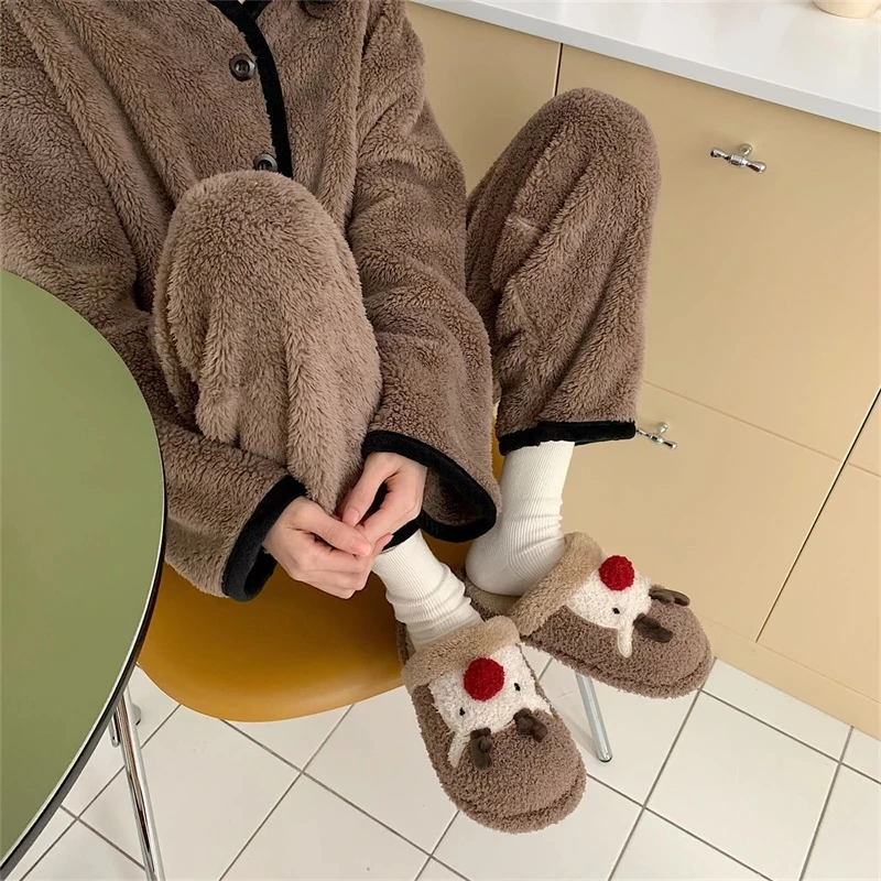 Couples Fuzzy Slipper Women Cartoon Slippers Indoor Home Cute Christmas Elk Winter Shoes Warm Plush Female Male House Slides images - 6