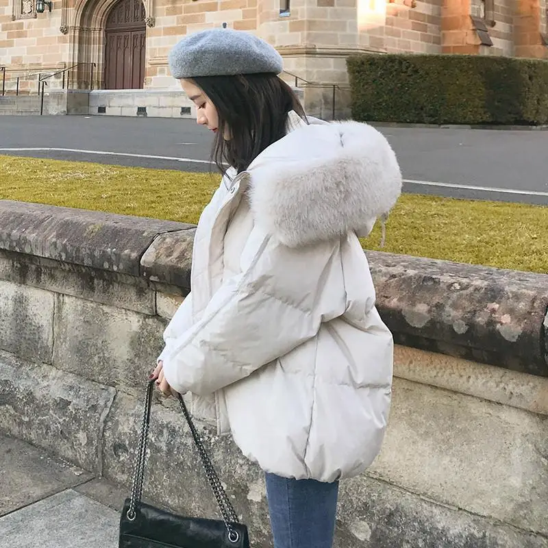 Furred Collar 2023 Autumn Winter Hooded Fur Collar Long Parkas Thick Warm Down Cotton Padded Jacket Women Casual Coat Female S74