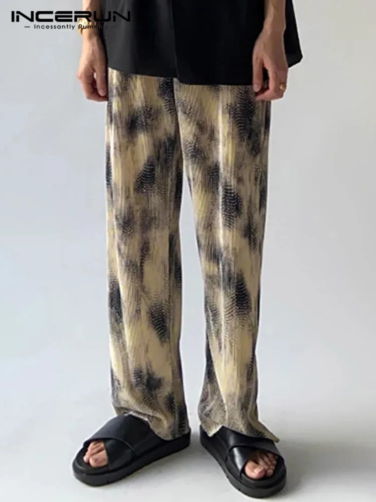

INCERUN 2022 Men Printing Pants Streetwear Elastic Waist Folds Fashion Straight Trousers Men Joggers Baggy Casual Pantalon S-5XL