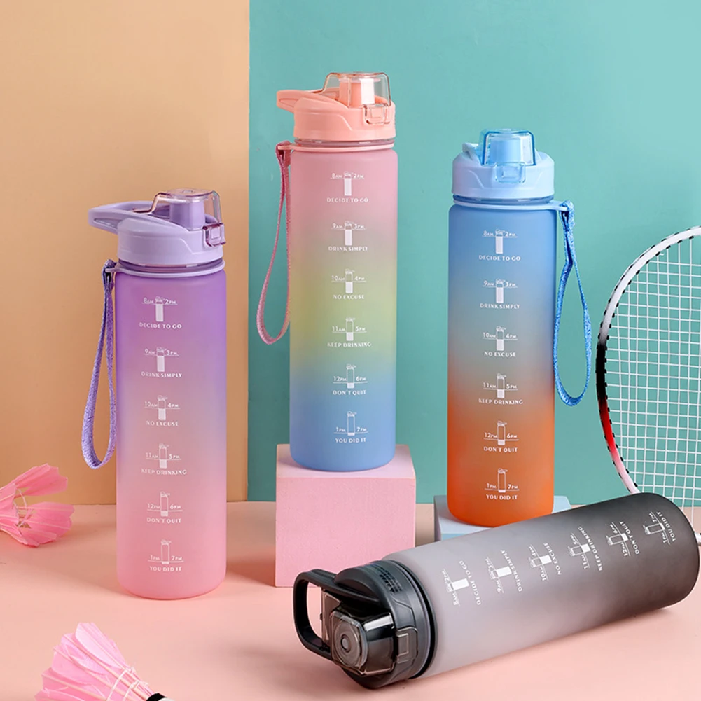 1 Liter Sport Water Bottle With Straw Cup Noozle with Time Marker Leakproof Sports Water Bottle for Outdoor Gym Camping Tour 32o