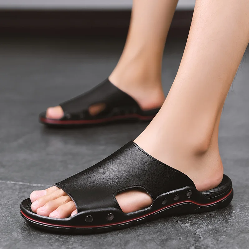 

Men's Outdoor Beach Shoes Summer Waterproof Rubber Slippers Non-slip Washroom Shoes Men Sandals PU Leather Fashion Footwear 2022