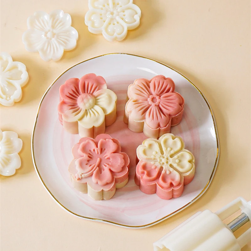 

4Pcs/Set Mooncake Mold Cherry Blossom Flowers Sakura Pattern Stamps Hand Press Mold Plungers Pastry Tools Mid-autumn Festival