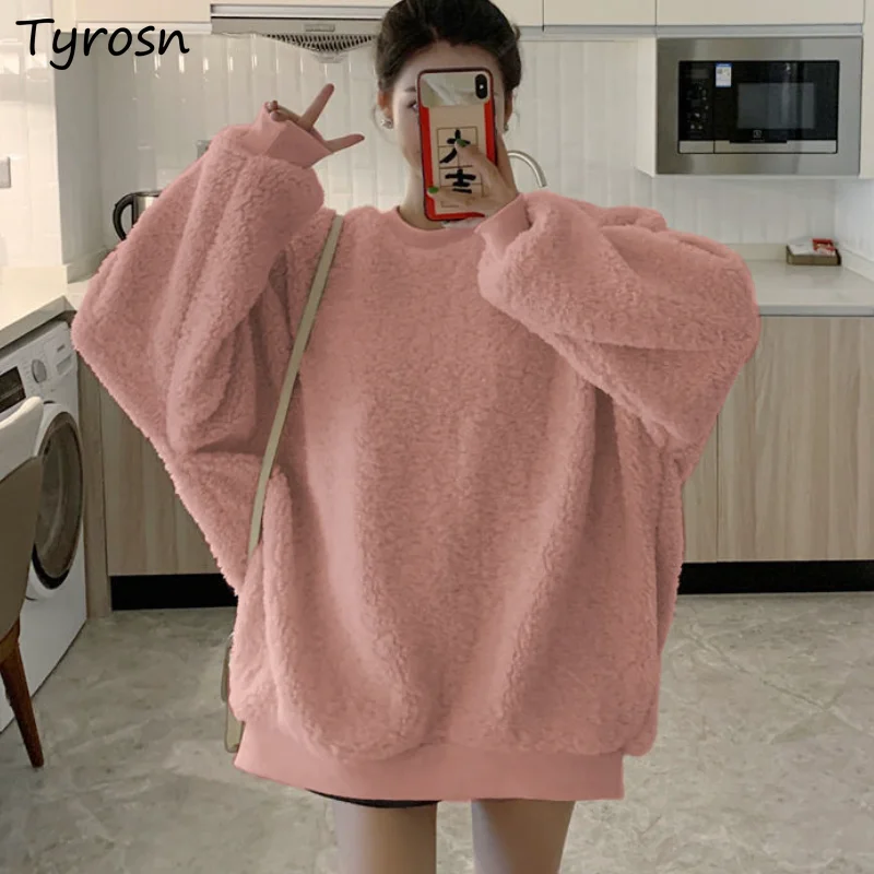 

Women Hoodies Lambswool Warm O-neck Solid Elegant Sweet Femme Ulzzang Streetwear Casual M-3XL Fashion Popular Cute Clothing