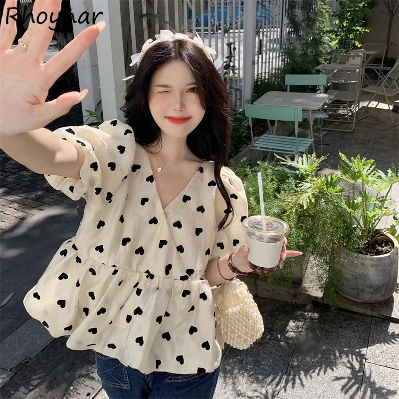 

Puff Sleeve Blouses Women Heart Dot Cropped Thin Summer Gentle French Style Classic Girlish Tender Holiday Loose Retro Sweet Ins
