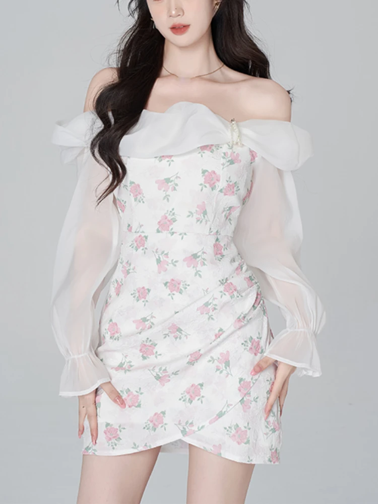 

Floral Print Korean Fashion Dress Women Lantern Sleeve Vintage Sweet Mini Dress Female Ruched Fairy Designe Irregular Dress 2023