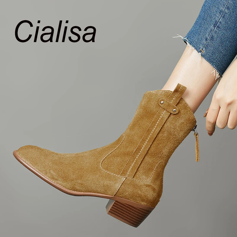 

Женские замшевые ботильоны Cialisa, коричневые полусапожки из натуральной кожи, на молнии, на среднем каблуке, с круглым носком, на осень-зиму, 40