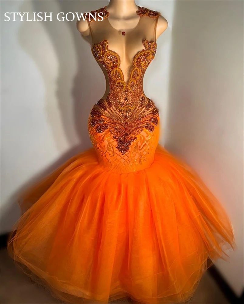 

Orange Sheer O Neck Long Prom Dress For Black Girls 2023 Beaded Crystal Birthday Party Dresses Mermaid Evening Gowns Robe De Bal