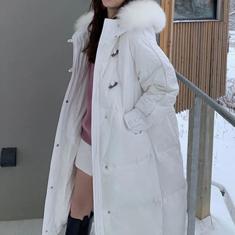 Women's White Duck Down Jacket Winter New Big Real Fur Hooded Middle And Long Korean Over Knee Fashion Elegant Horn Solid Parker
