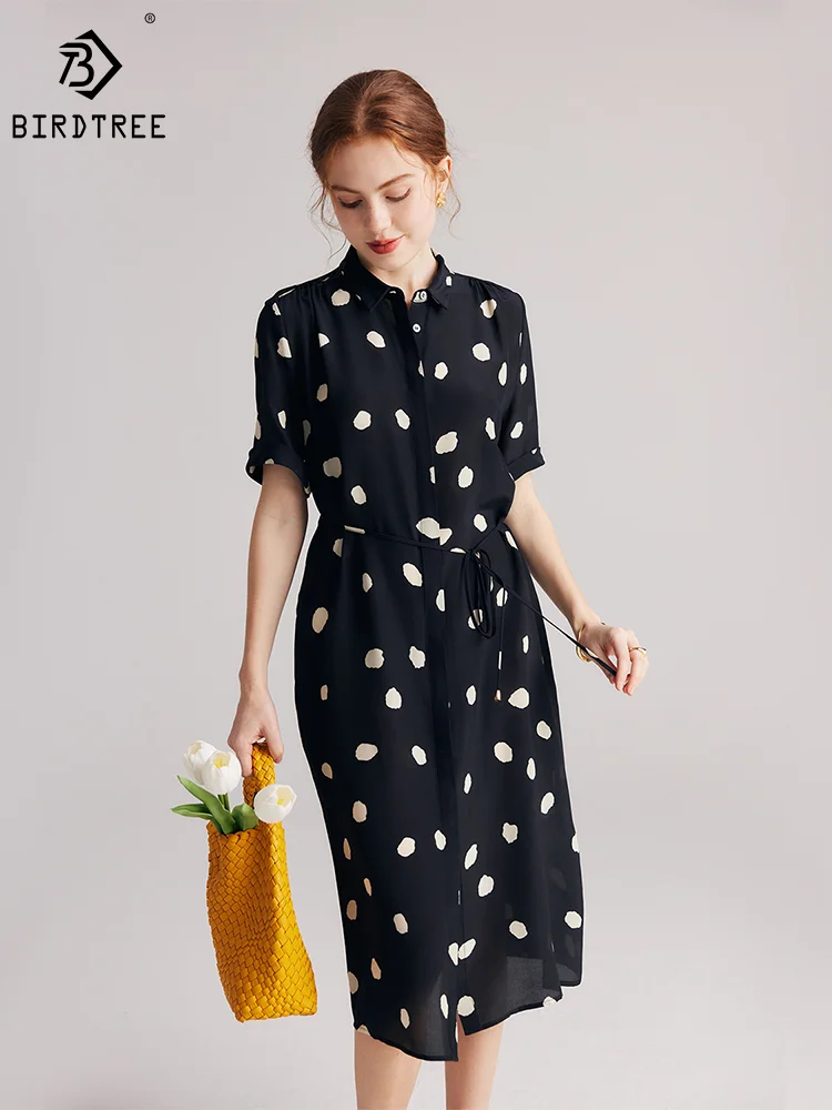 Birdtree 6A 100% Mulberry Silk Dress Women Crepe De Chine Turn Down Collar Dot Print Office Workwear Knee-Length Dress D36510JM