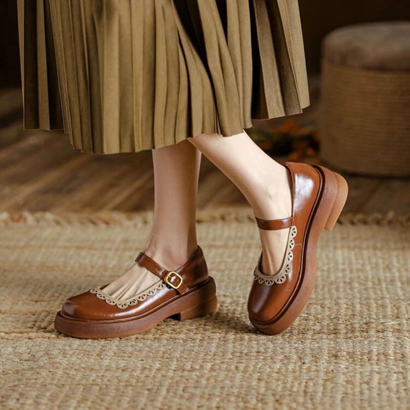 

New 2022 Spring Women Shoes Round Toe Chunky Heel Mary Janes Women Pumps Split Leather Platform Shoes Lovely Lolita Shoes Women