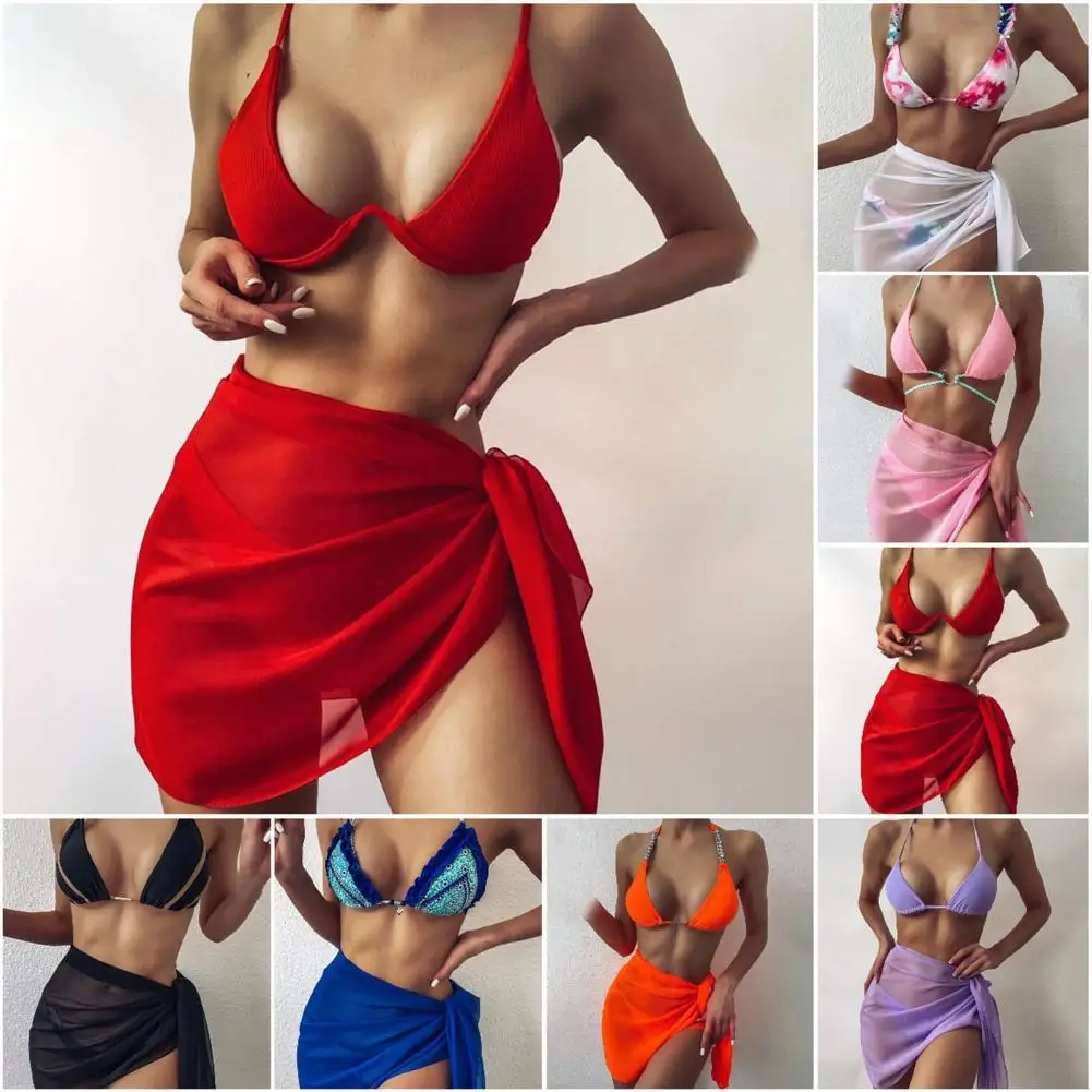 

Women Chiffon See-Through Beach Bikini Cover Up Wrap Scarf Swimwear Pareo Sarong Dress Solid Ruffle Casual Beach Dress