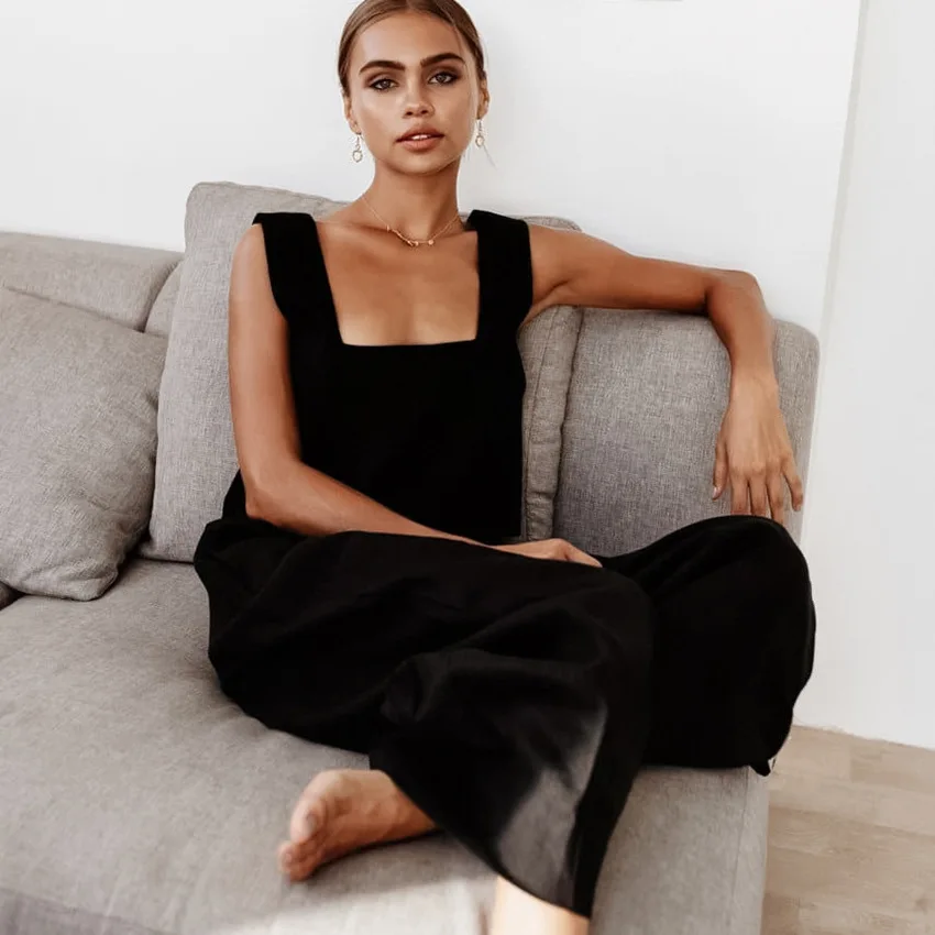 BKQU Tank Tops Women Pajama Flare Pants Nightwear Square Neck Sleepwear Women's Cotton Backless Home Suit Pure Color Female Set