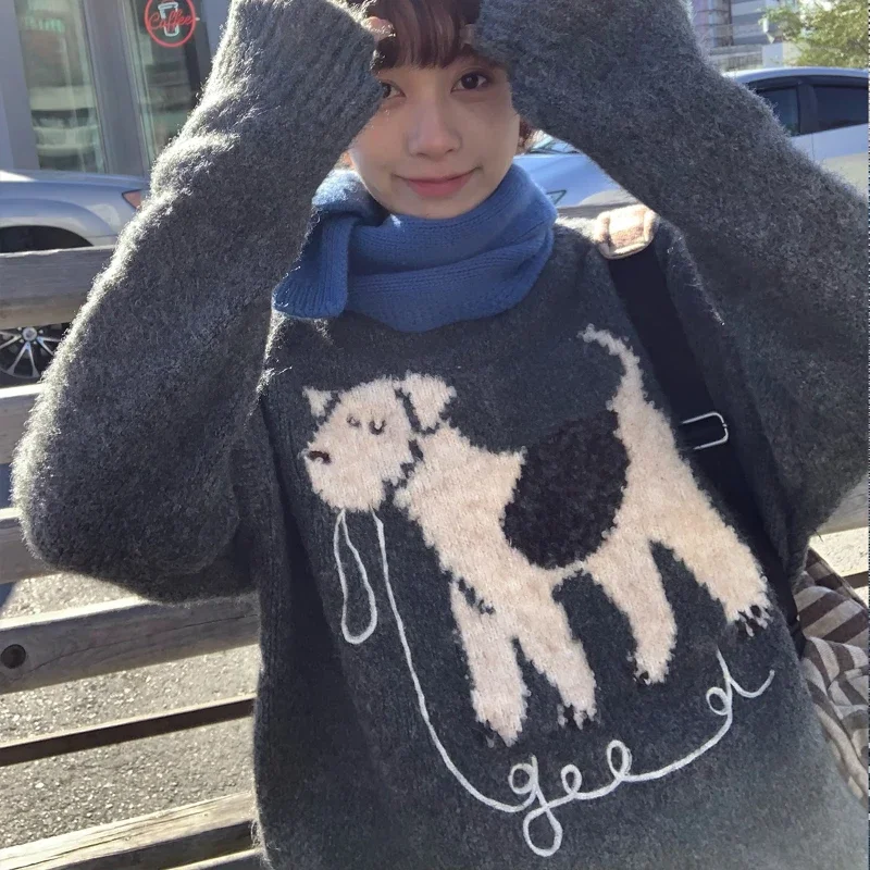 2024 японский осенний новый серый пуловер с круглым вырезом и щенком для женщин