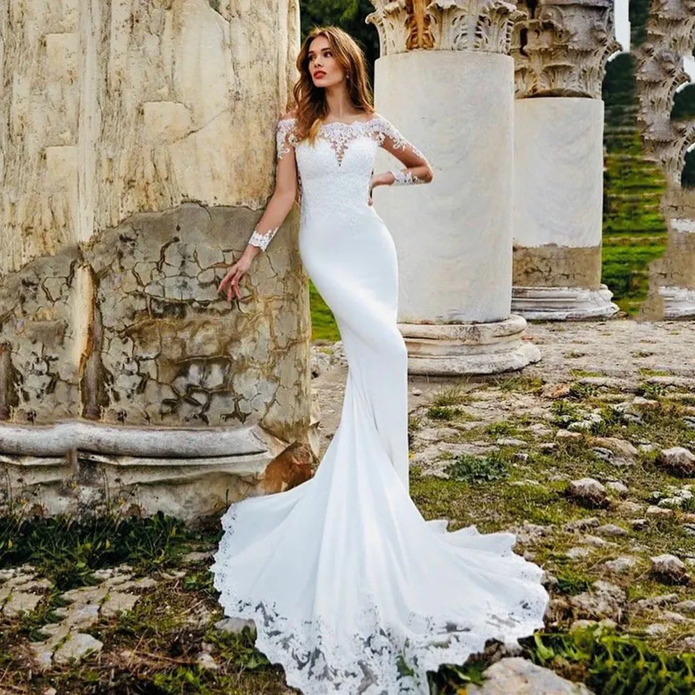 

2022 Mermaid Lace Appliqué Wedding Dress For Women Elegant Stain Court Train Bridal Gown Button Back Vestido De Novia