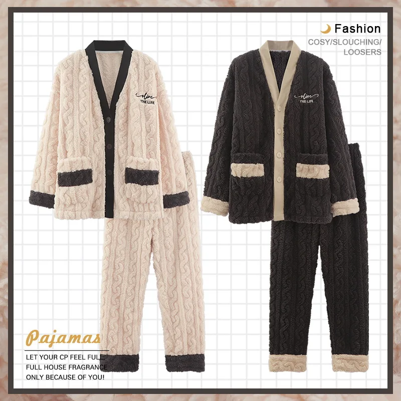 

2022 Autumn and Winter Warm Flannel Women's Pajamas Set Thickened Coral Fleece Long-Sleeved V-Neck Cartoon Home Clothes Women