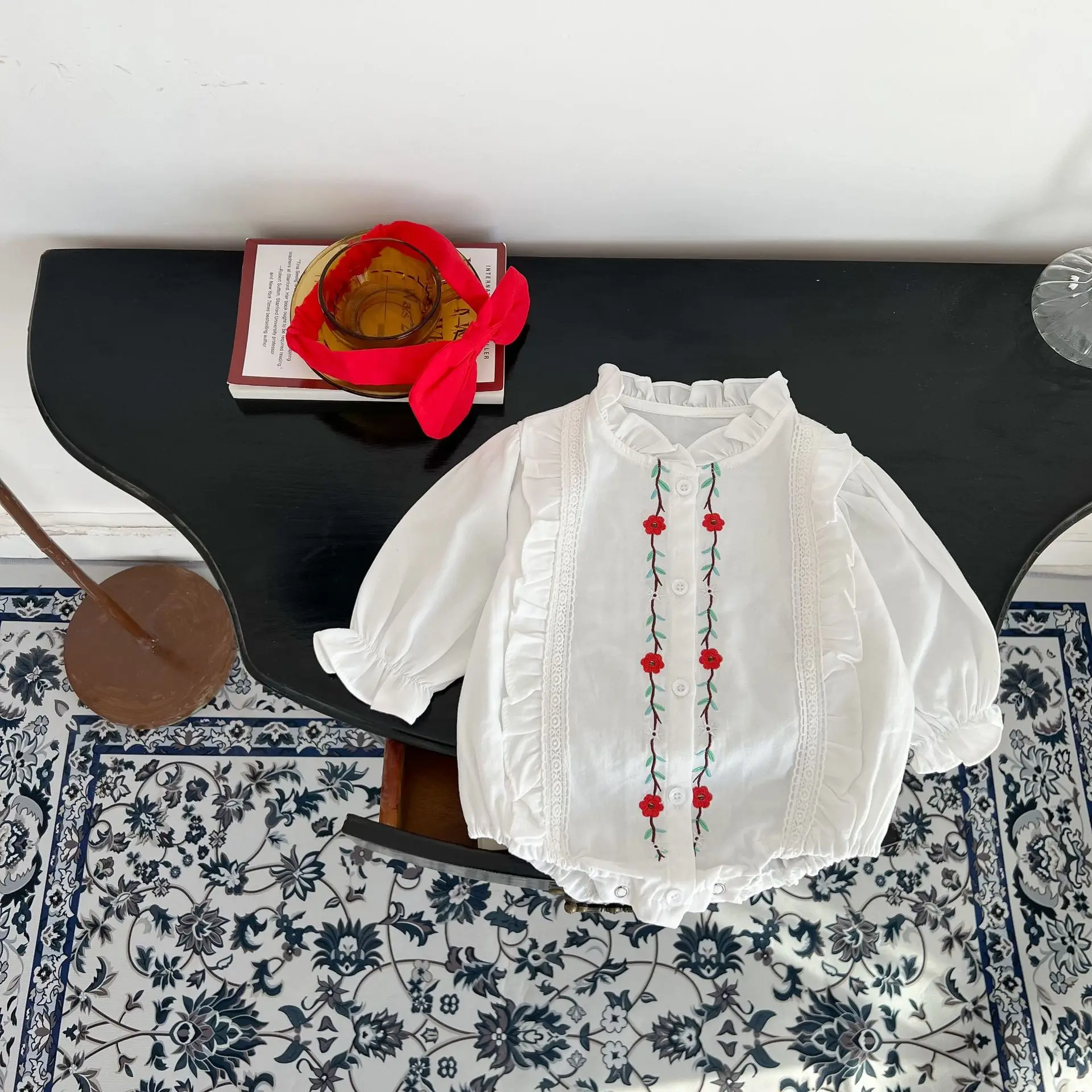 2022 Spring New Baby Girl Long Sleeve Bodysuit Cute Flower Embroidery Sweet Girls Jumpsuit Cotton Casual Princess Clothes
