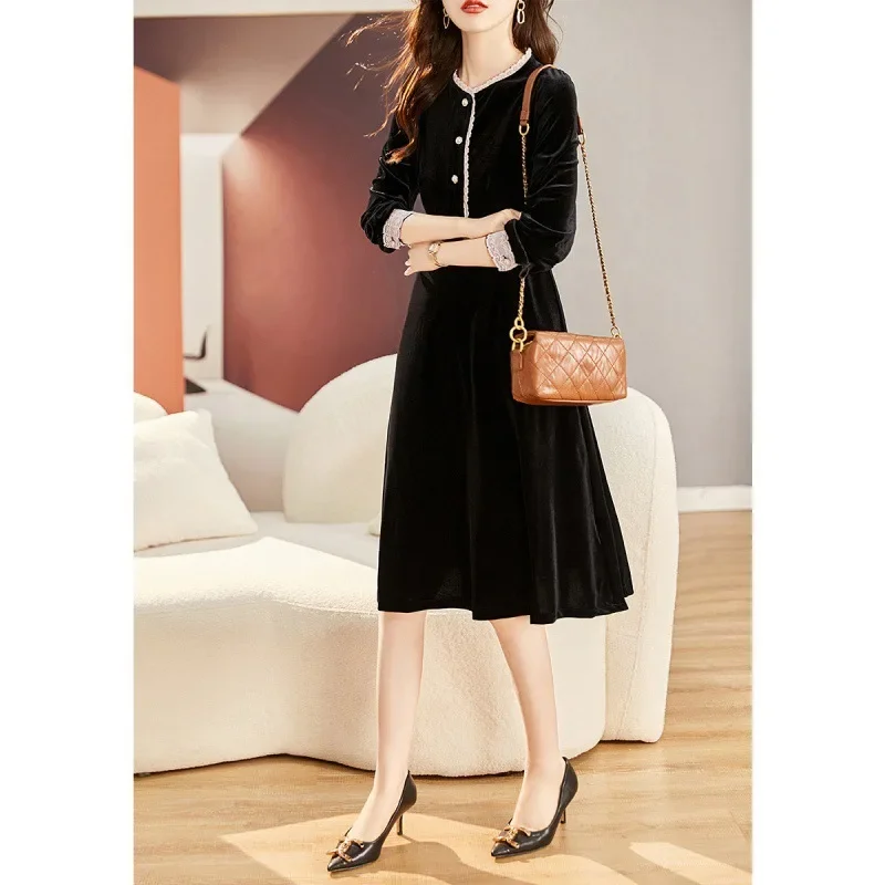 Осеннее элегантное бархатное платье для похудения 2024 шелковое черное пальто