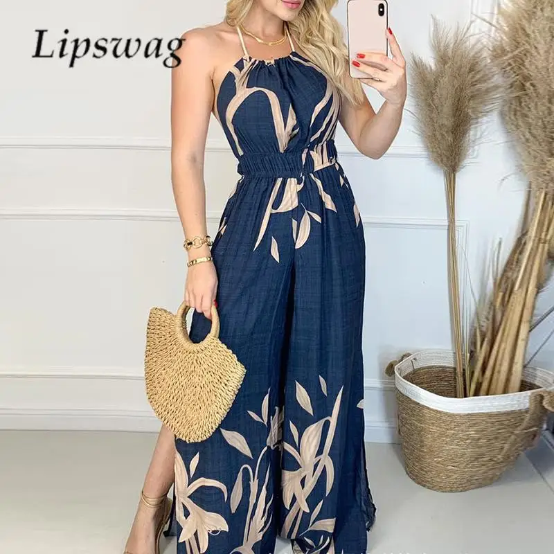 

Женский пляжный праздничный комбинезон с открытой спиной, летний пикантный комбинезон на бретельках с принтом, повседневный женский комби...