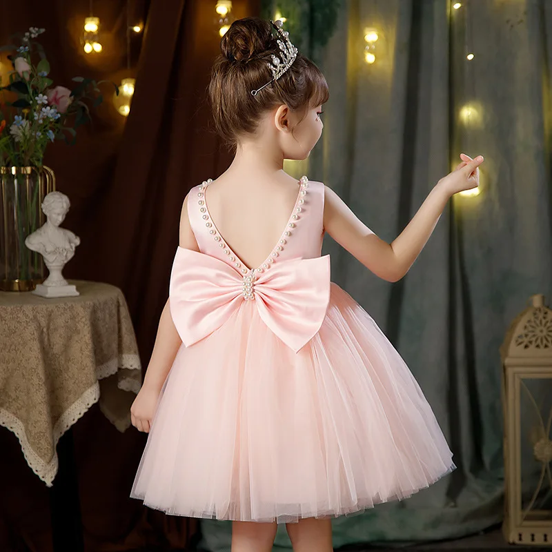 

2- 12 Years Children Summer Dress 2023 New Party Girls Floral Clothing Kids Beading Neck Princess Dress Pink Blue White Beige