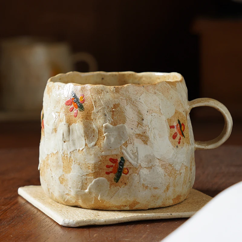 

Creative Hand Retro Rough Pottery Coffee Cup Spoon Dish Personalized Designer Make-up Native Japanese Handmade Cup Milk Cup