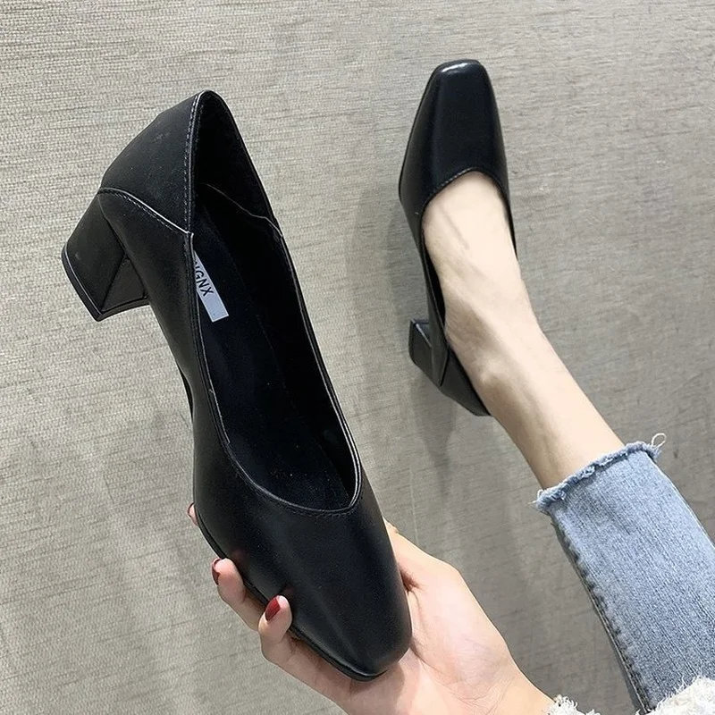 Spring Autumn Blue Women Dress Shoes Square Toe Office Work Shoes Woman Pumps Black Boat Shoes Chunky Heels High Heels Shoes