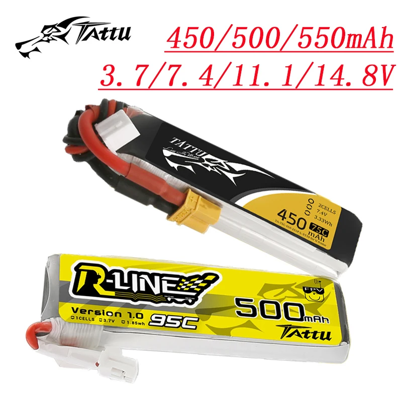

2 шт. TATTU 450/500/550 мАч 75C/95C 3,7 в/7,4 В/11,1 В/14,8 в литий-полимерный аккумулятор для радиоуправляемого вертолета квадрокоптера FPV гоночного дрона запчасти