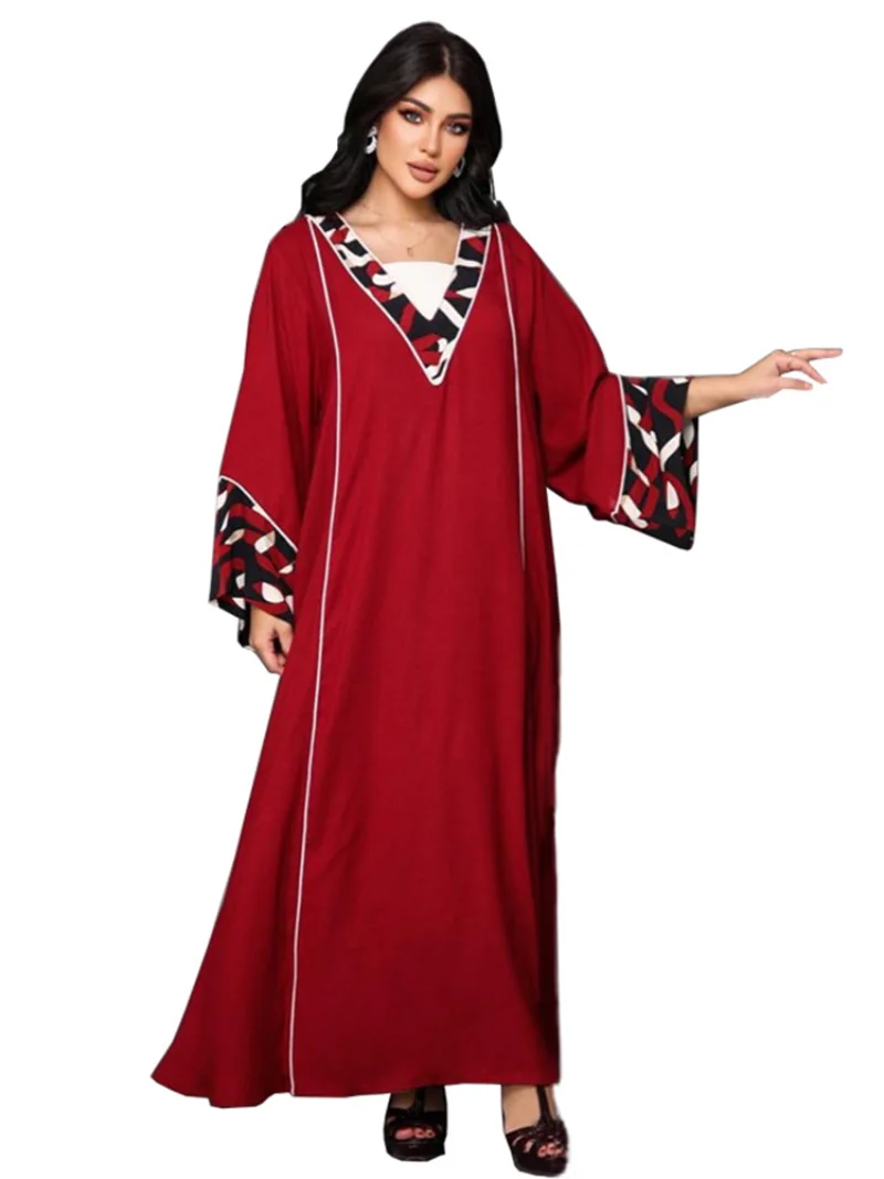 Abayas Muslim Long Dress Women V Neck Full Sleeve Islami Robe Autumn New Solid Patchwork Loose Casual Muslim Maxi Dress Vestidos