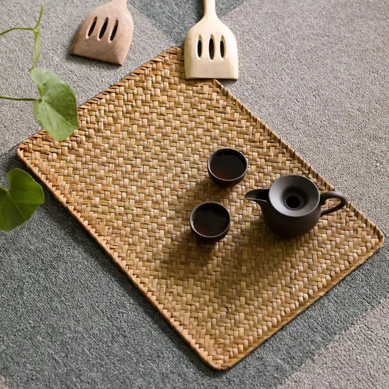 

Woven Rattan Coasters Set With Holder Table Mat Placemat Coffee Tea Cup Resistant Hot Insulation Placemats Anti-Skidding Pad