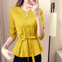 2022 womens clothing summer simple fashion lacing waist solid color shirt korean all match female 34 sleeve pullovers blouses