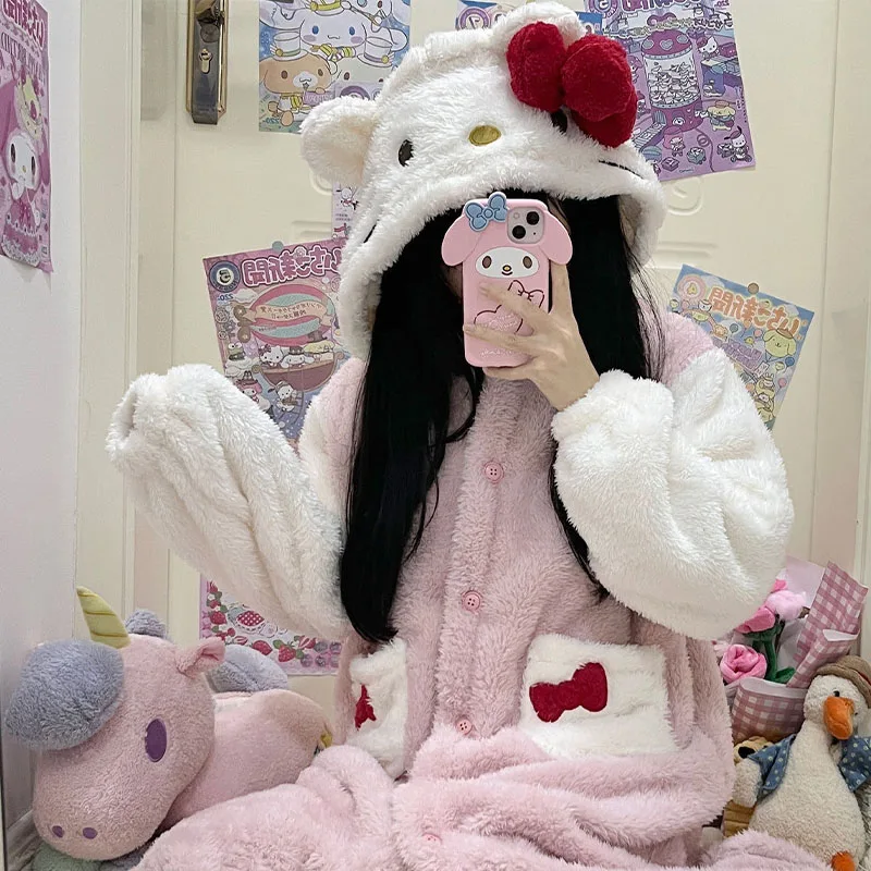 Kawaii Hello Kitty коралловый флисовый пижамный халат костюм Sanrio аниме плюшевая домашняя