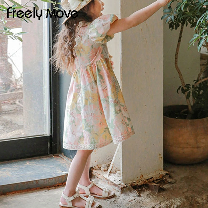 

Freely Move Girls Casual Dresses 2022 New Summer Kids Baby Flowers Print Lace Costumes Floral Party Birthday Princess Vestidos