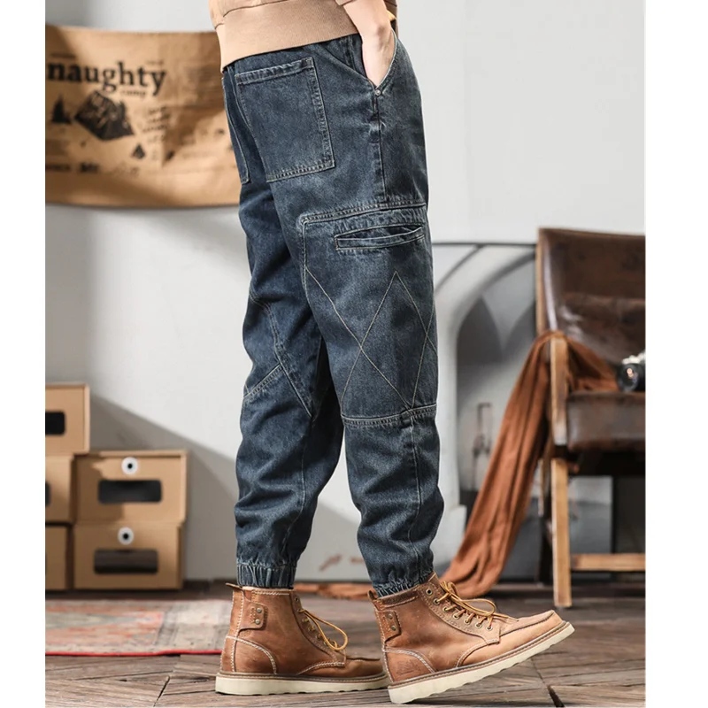 Men Clothing Vintage Loose Bluish Jeans Straight Cylinder Versatile Multiple Pockets Cargo Pants Female 2022 Autumn New Pattern