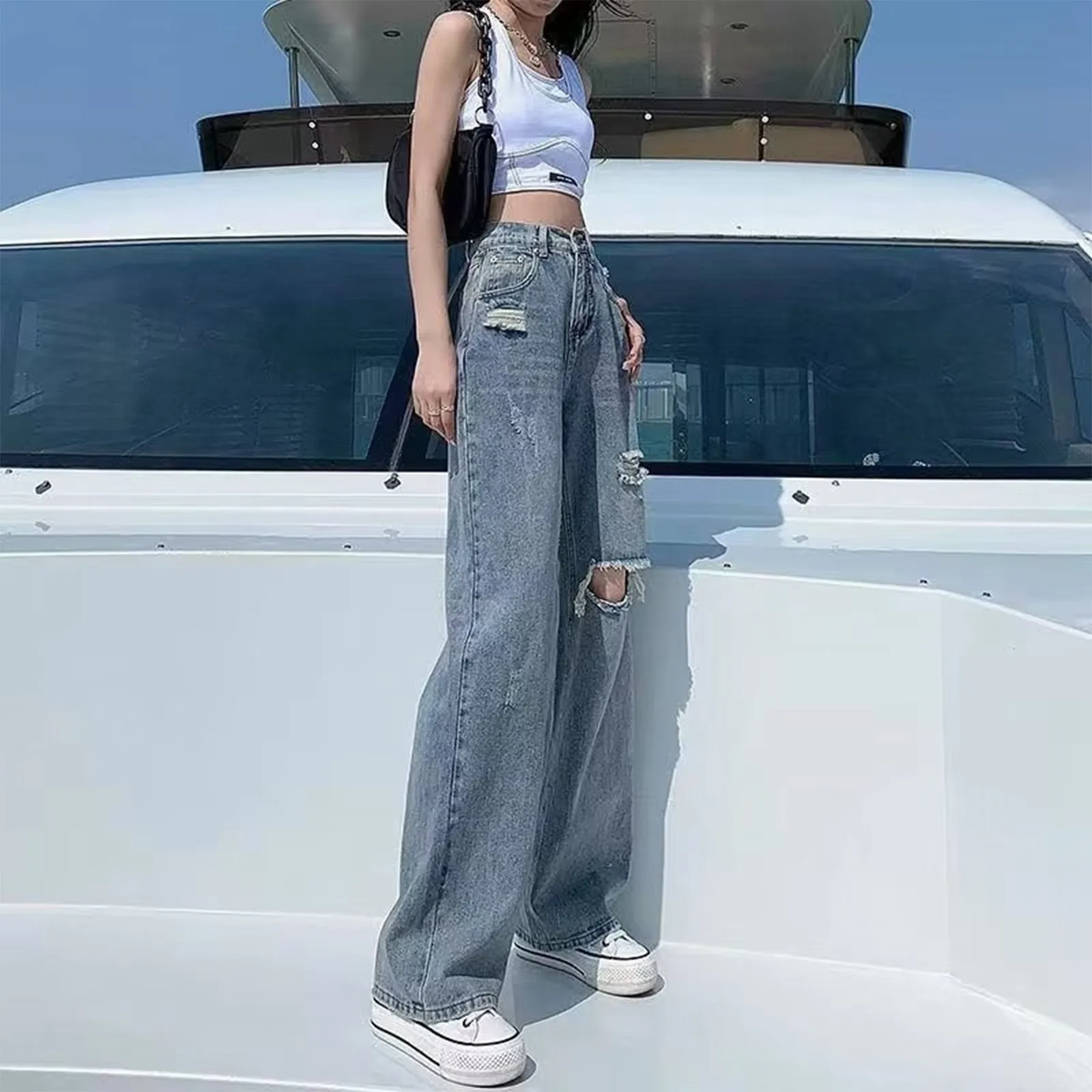 Ripped Denim Trousers Fashion High Waist Jeans Wide Legs Pants Elegant Straight Leg Woman Trousers Appears Thin Pantalones