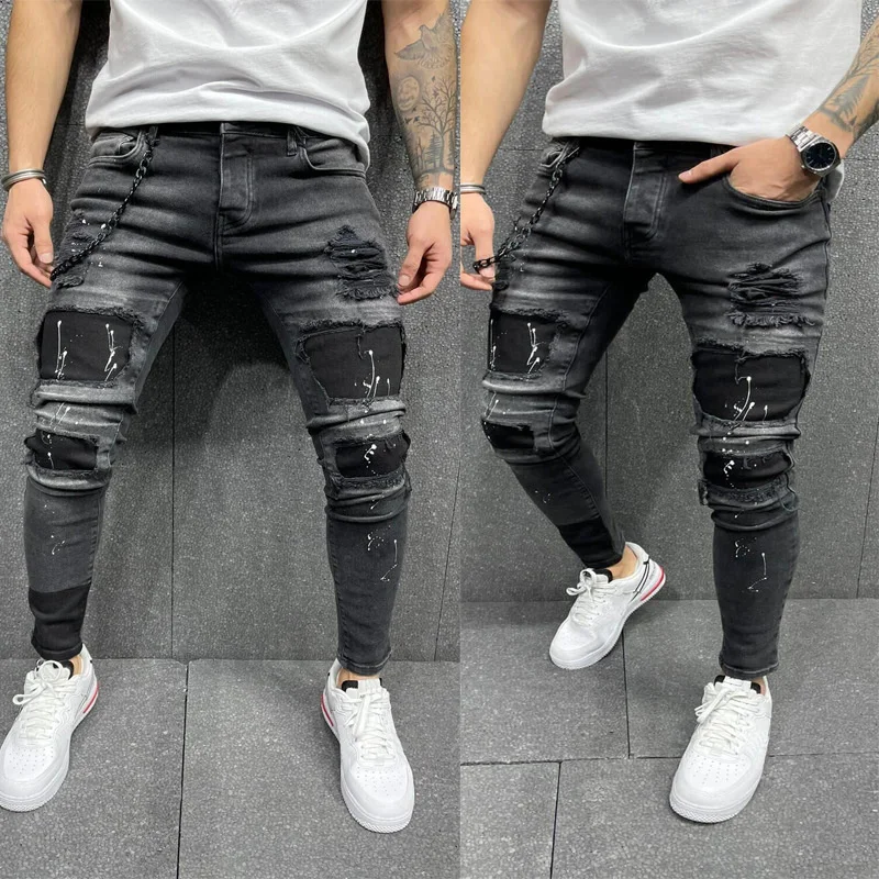 

Men's Skinny Ripped Jeans Fashion Grid Beggar Patches Slim Fit Stretch Casual Denim Pencil Pants Painting Jogging Trousers Men