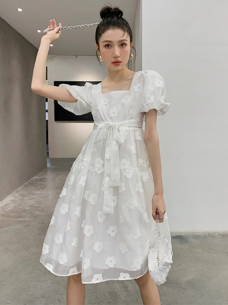 

Jacquard Short Puff Sleeves Tie Back Dress Women's White Color Square Collar Double Layer Bandage Dresses Summer B648