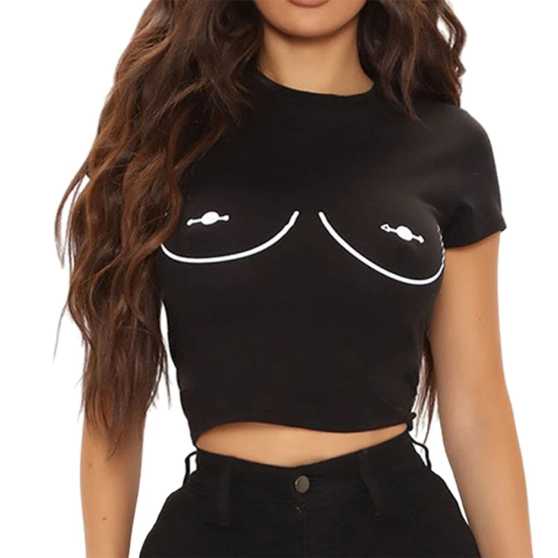 

Women Short Sleeve O-Neck Crop Top Funny Chest Nipple Rings Graphic Slim T-Shirt