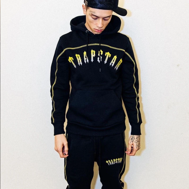 

Top Quality Gold Letter Embroidery Black Paneled Women Hoodie Hot Sell Jogger Pants Trapstar Tracksuits Suit Men Central Cee Set