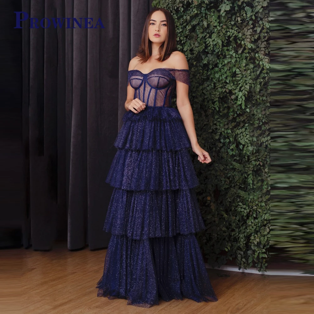 

Prowinea Sexy Cut-out Bling Tulle Celebrity Gown Evening Dress Tiered Off the Shoulder A-LINE Sweetheart Customised Abendkleider